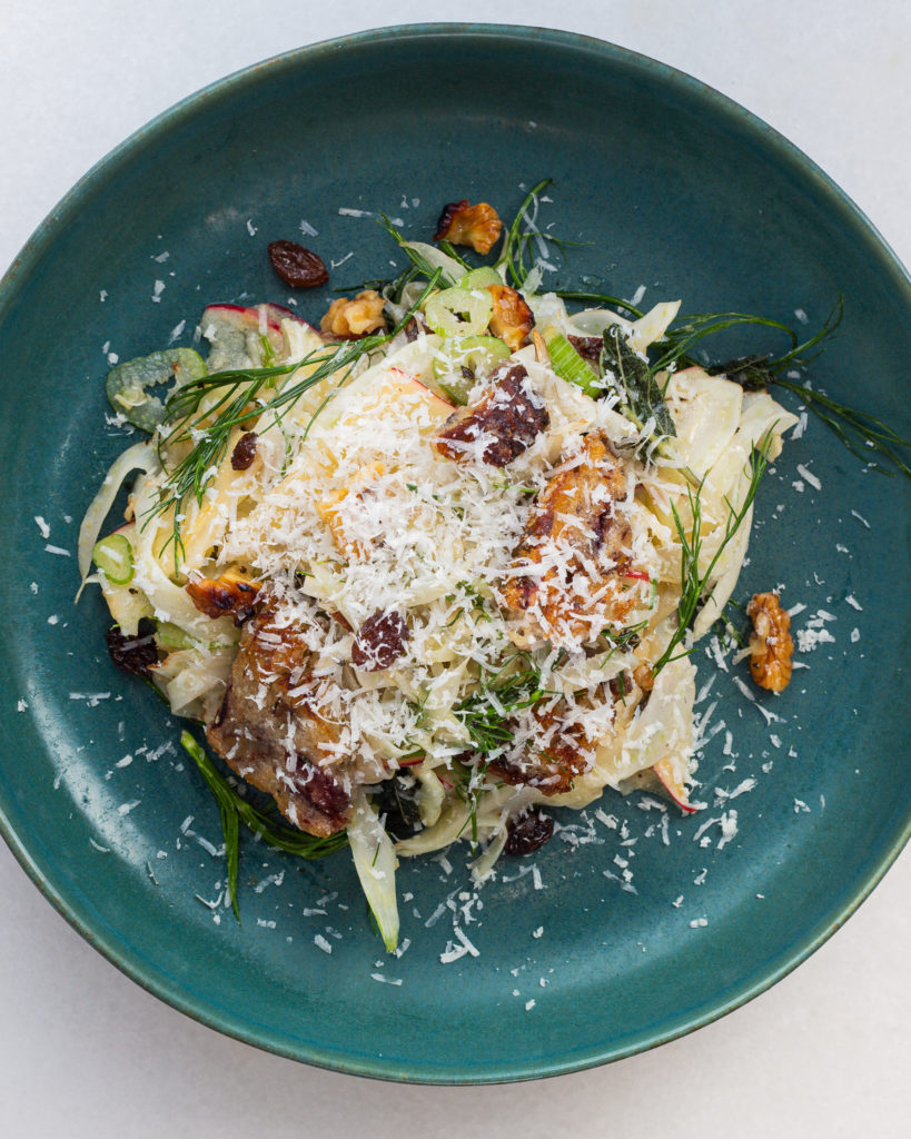 Fennel Apple Salad with Walnuts, Torn Croutons and Fried Sage
