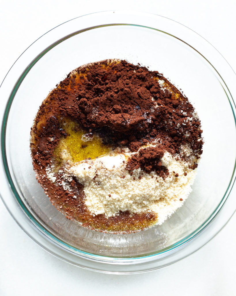 Wet and dry ingredients in bowl