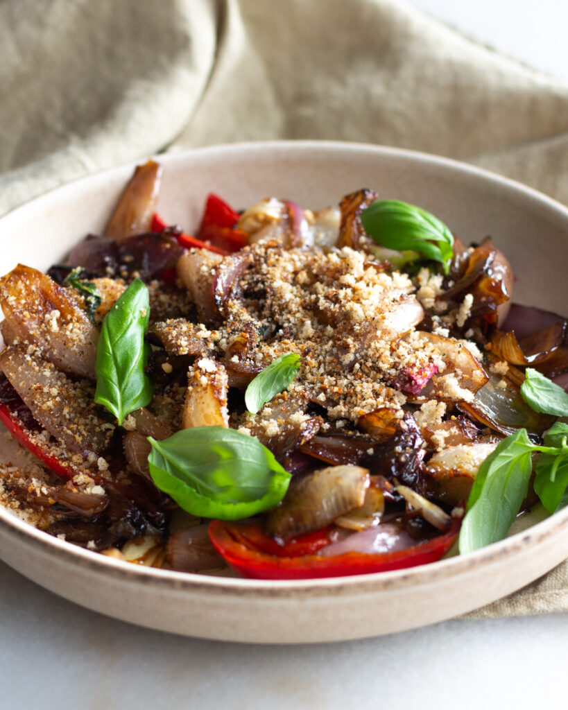 Finished Sticky Balsamic Shallots with Basil Breadcrumbs