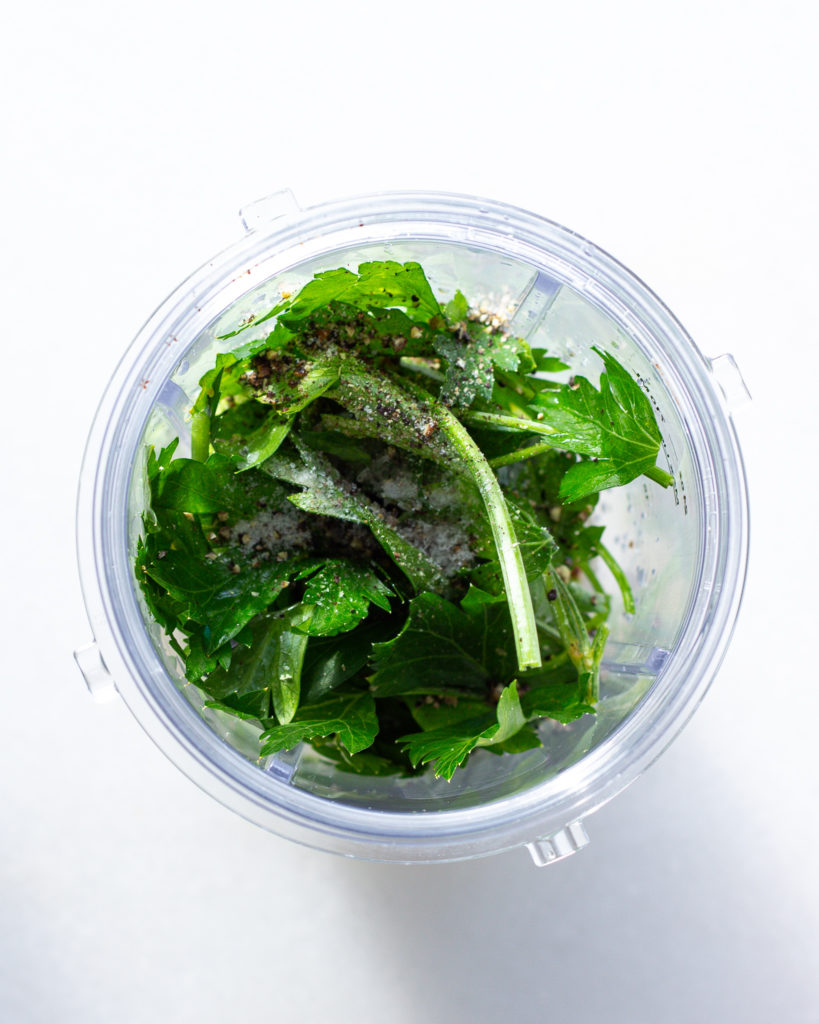 parsley and seasonings in blender