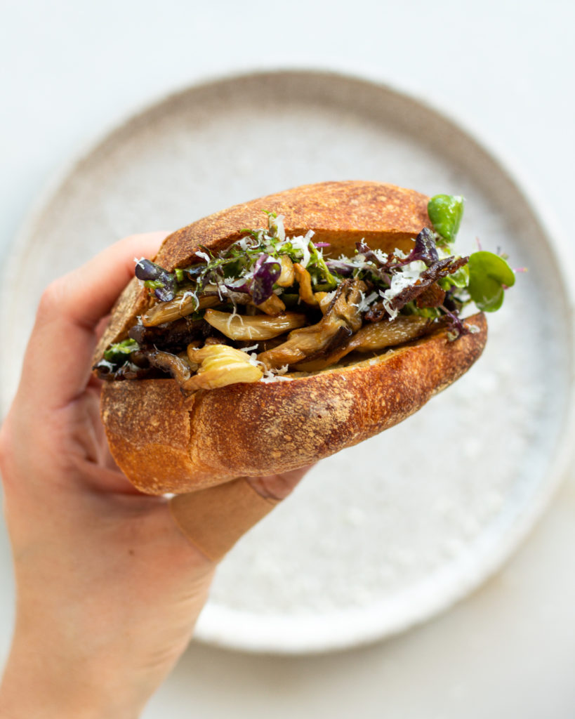Finished Crispy Mushroom Sandwich with Basil & Parmesan