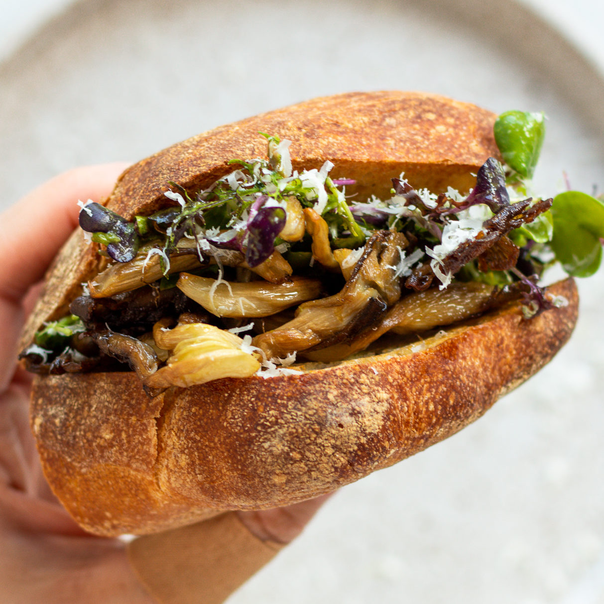 Finished Crispy Mushroom Sandwich with Basil & Parmesan