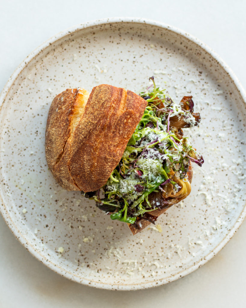 Finished Crispy Mushroom Sandwich with Basil & Parmesan