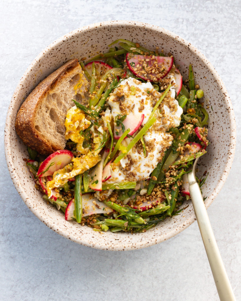 Finished Spring Snap Peas & Radishes with a Fried Egg