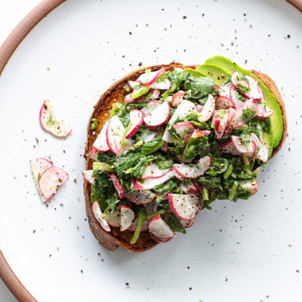 Finished Radish Greens Salad on Avocado Toast