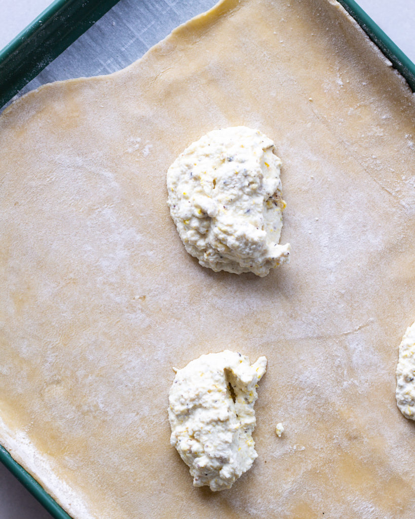 Lemon ricotta mixture on puff pastry