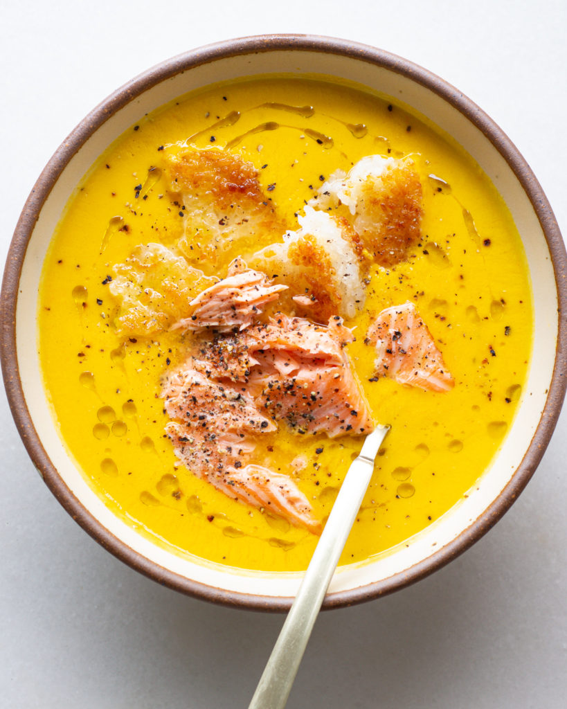 Finished Corn Gazpacho with Salmon & Crispy Rice