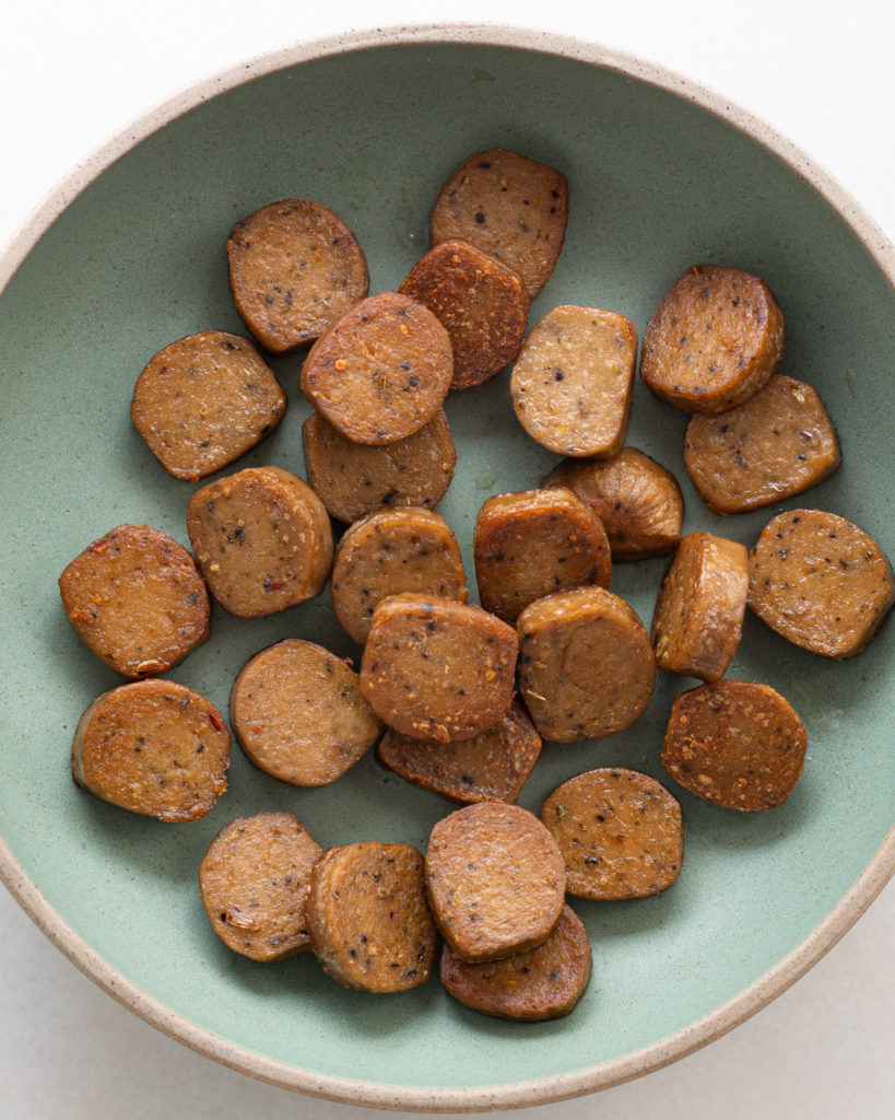 Pan seared vegetarian sausage