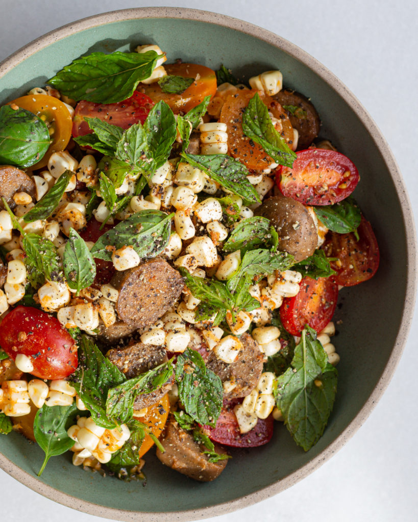 Finished Vegetarian Sausage Salad with Paprika Dressing