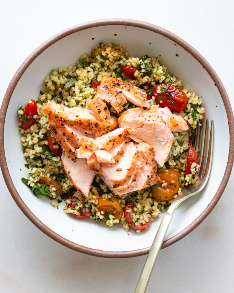 Finished Roasted Tomato Tabbouleh with Salmon