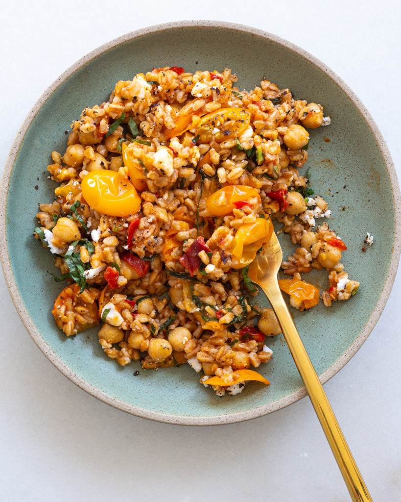 Finished Sungold Tomato Farro with Basil & Feta