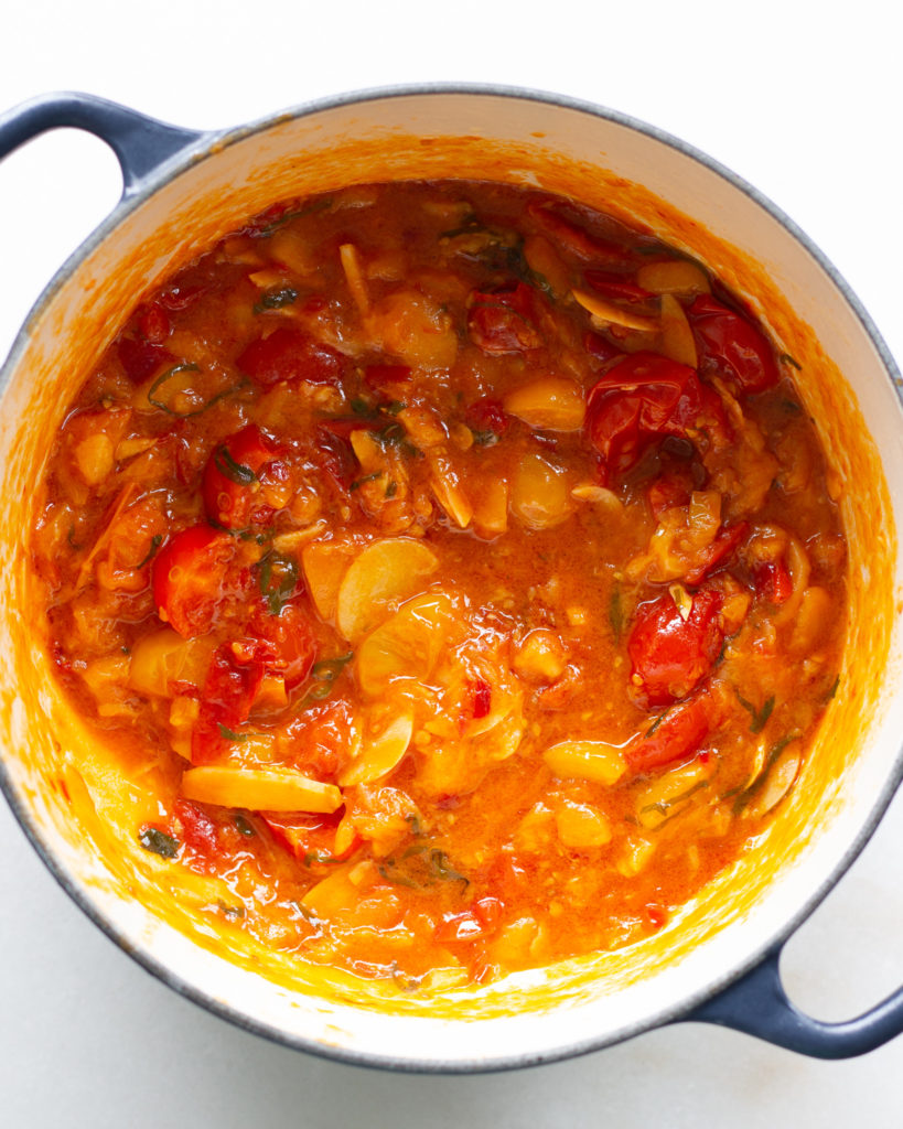 Cherry tomato sauce in pot