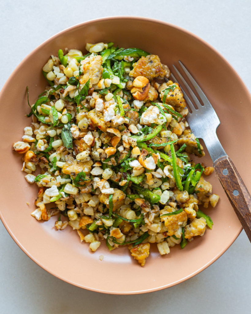 Finished Grilled Corn & Tempeh Salad with Farro, Basil & Mint