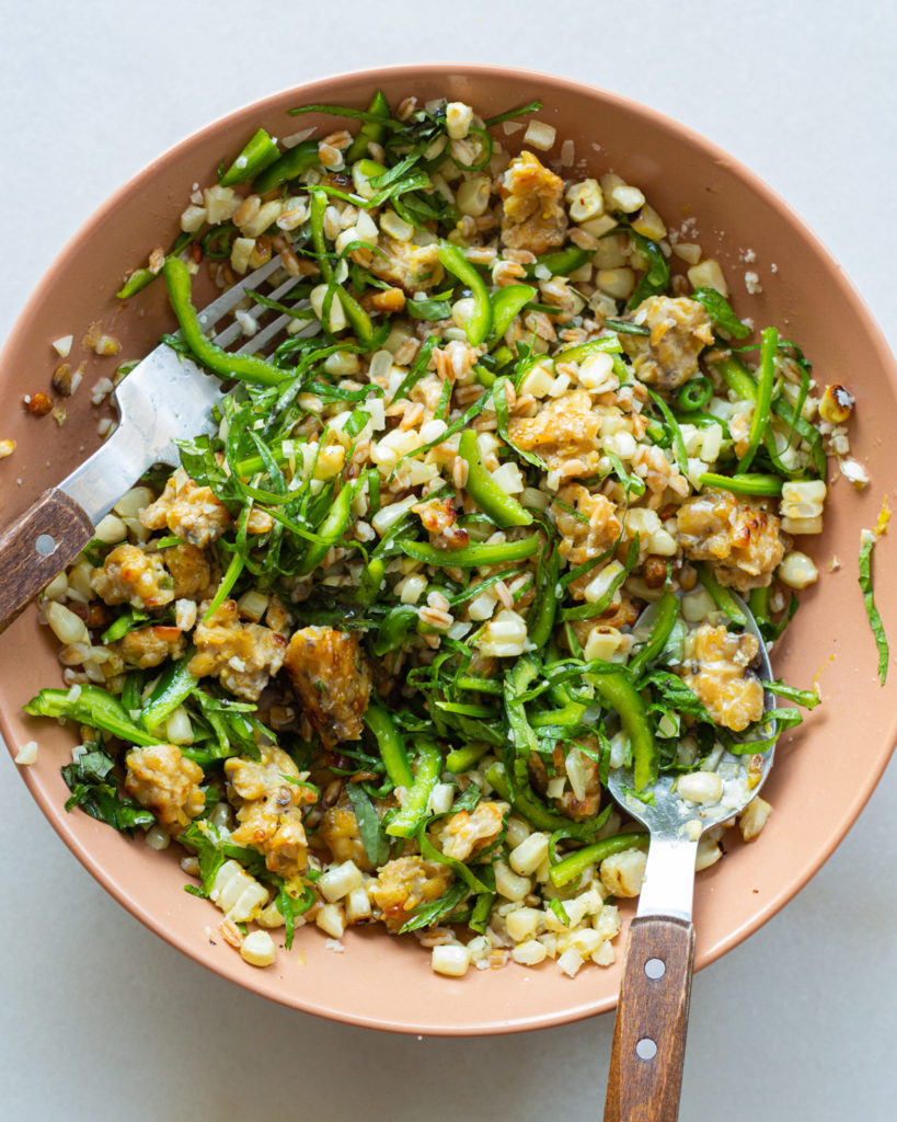 Finished Grilled Corn & Tempeh Salad with Farro, Basil & Mint