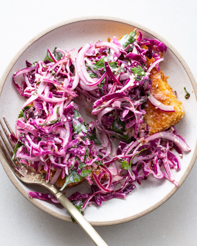 Finished Crispy Tofu Cutlet with Cabbage Slaw