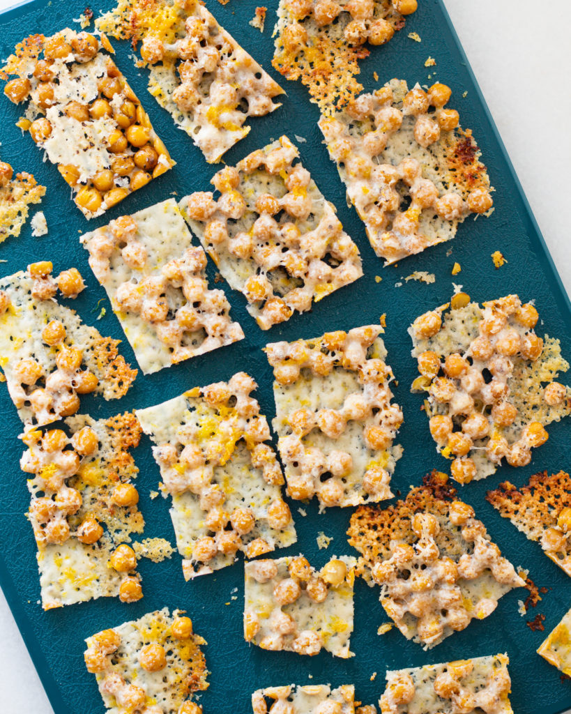 Finished Lemon Parmesan Chickpea Crisps cut into squares