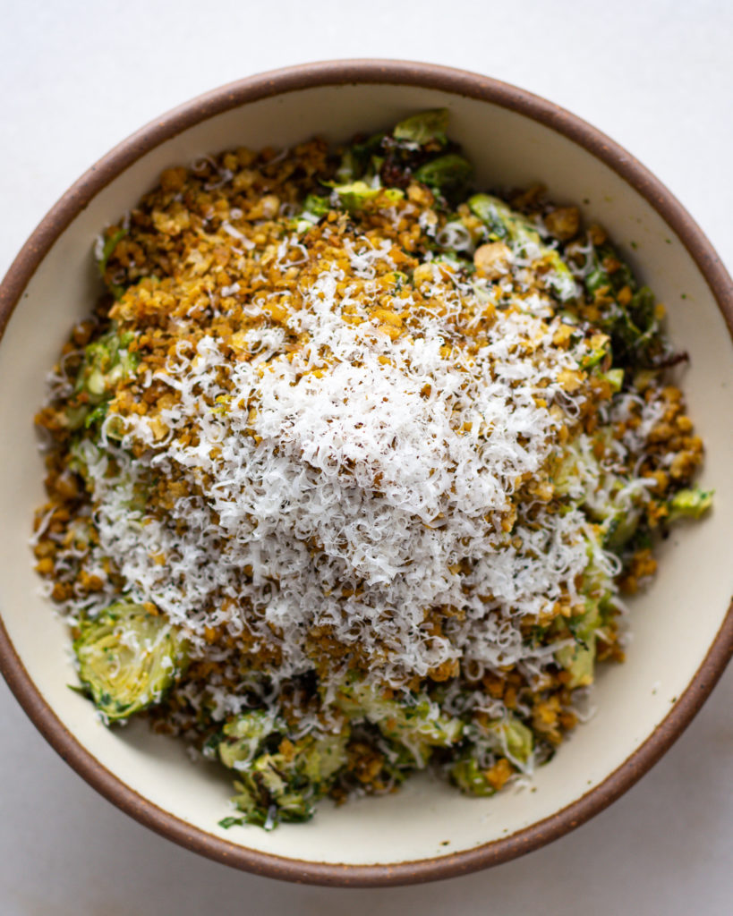 Finished Brussels Sprout Salad with Anchovy Tahini & Za'atar Chickpeas