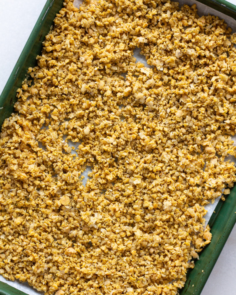 Blended chickpeas on baking sheet