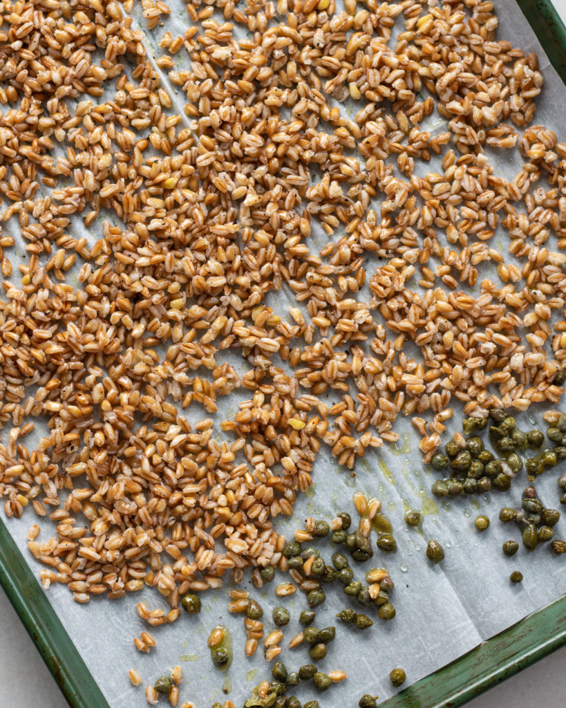 Farro and capers on sheet pan