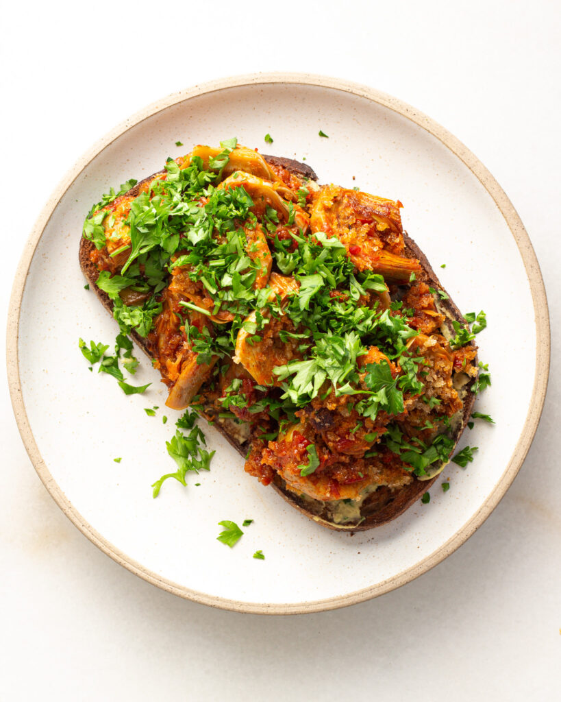 Harissa Simmered Artichokes on Toast