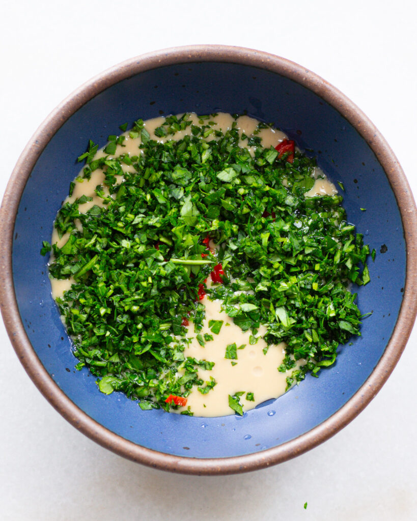 ingredients for the herby tahini dressing in a bowl