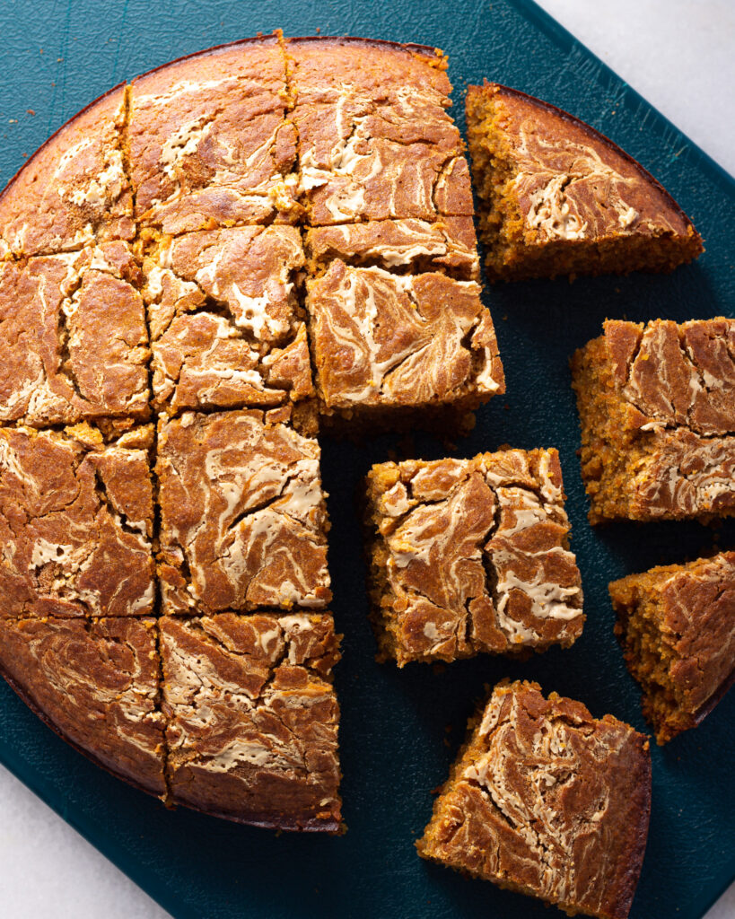 Tamarind carrot cake cut for serving