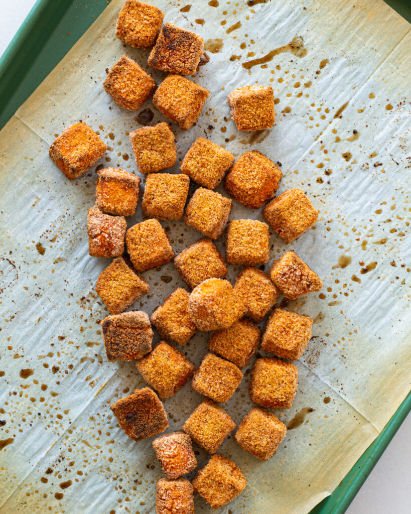 hummus nuggets on a baking sheet