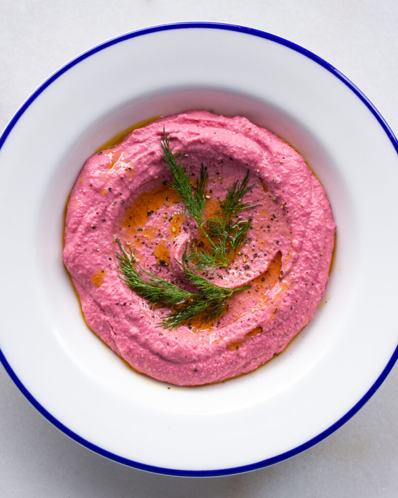 Finished beet hummus with lemon and dill