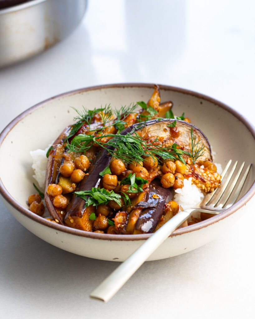 Finished Calabrian Chili Butter Eggplant with Crispy Chickpeas