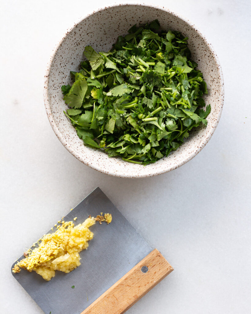 Roughly chopped cilantro in bowl and grated ginger and garlic