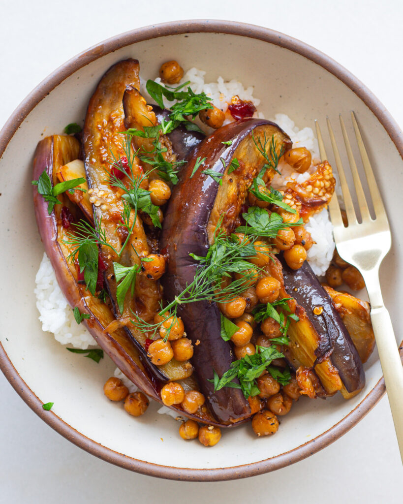 Finished Calabrian Chili Butter Eggplant with Crispy Chickpeas