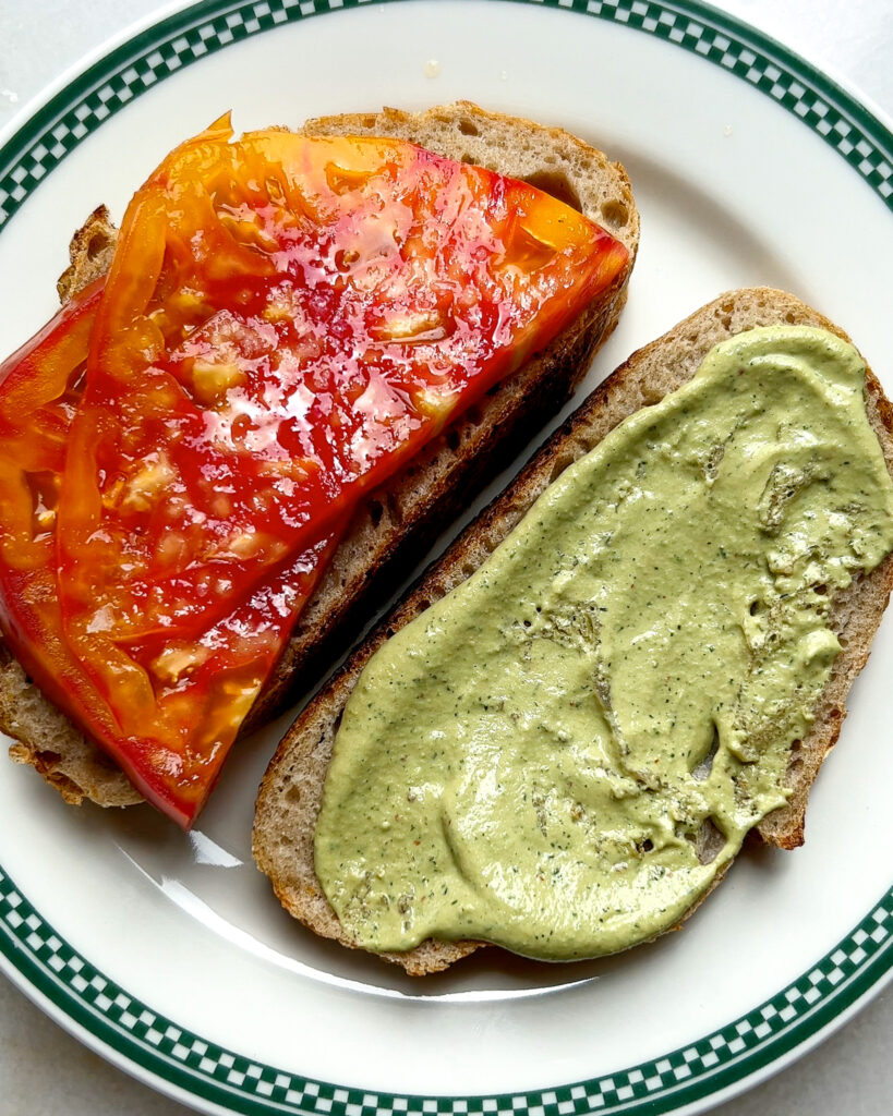 Heirloom Tomato Sandwich with Tonnato before assembly
