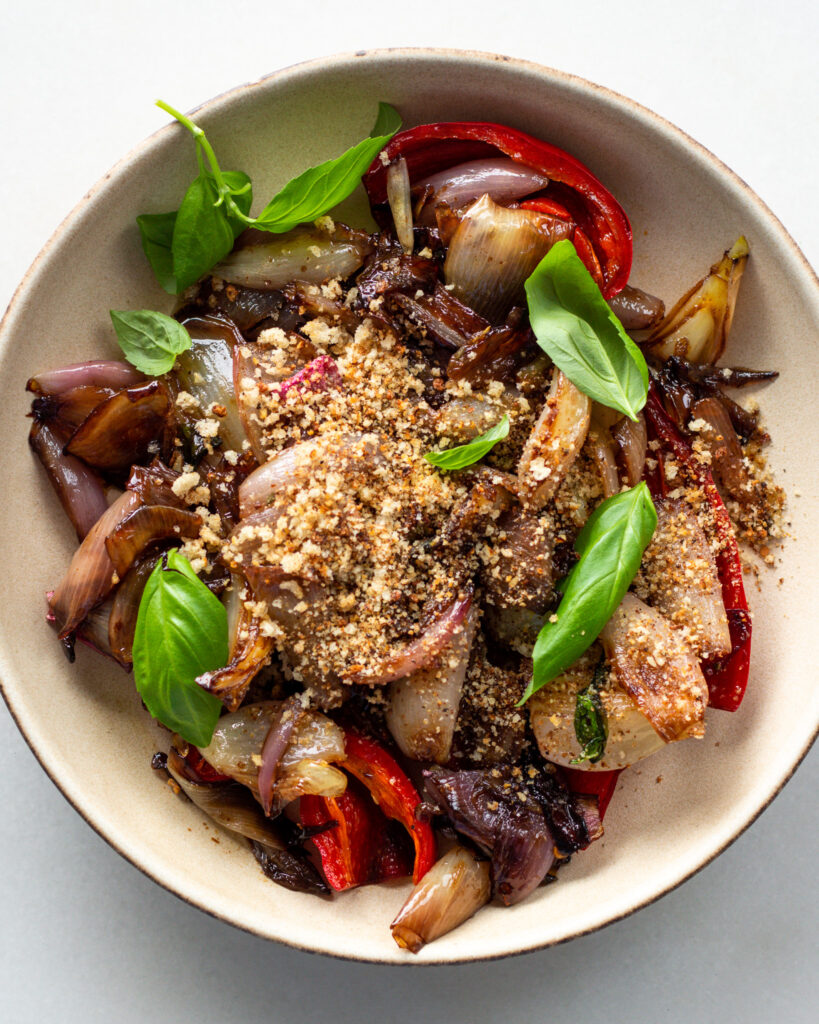 Finished Sticky Balsamic Shallots with Basil Breadcrumbs