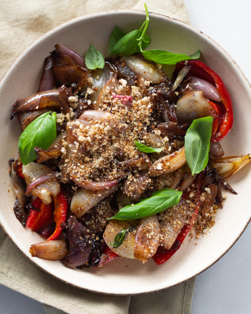 Finished Sticky Balsamic Shallots with Basil Breadcrumbs