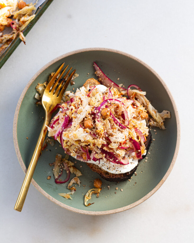 Finished Roasted Cabbage Salad with Sesame Honey Red Onions