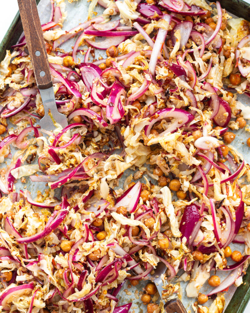 Finished Roasted Cabbage Salad with Sesame Honey Red Onions on sheet pan