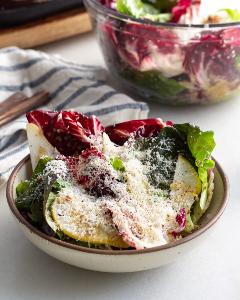 finished Chicories with Pear Vinaigrette, Parmesan & Pecans