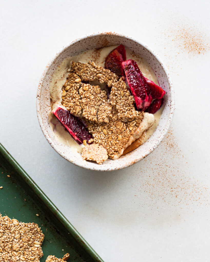 Five Spice Sesame Granola Bark with blood orange and yogurt