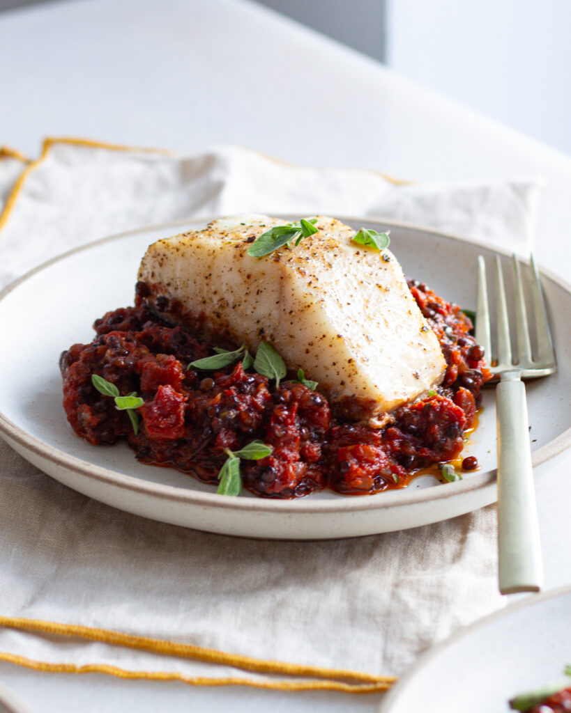Burnt Tomato Lentils & Cod