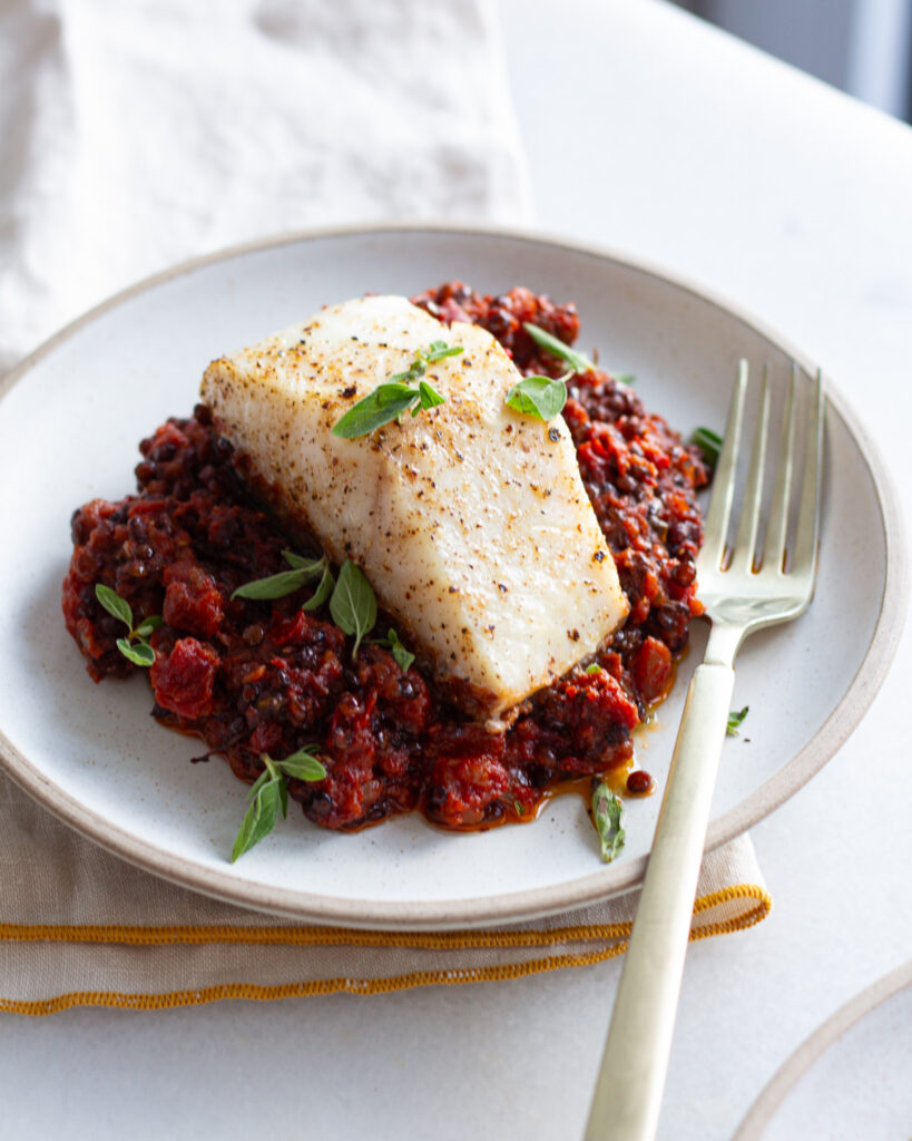 Burnt Tomato Lentils & Cod