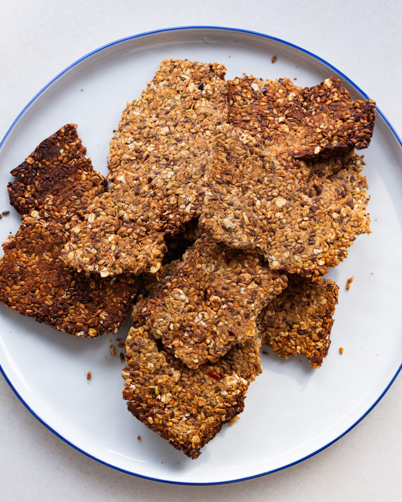 Flaxseed crackers in a bowl. 