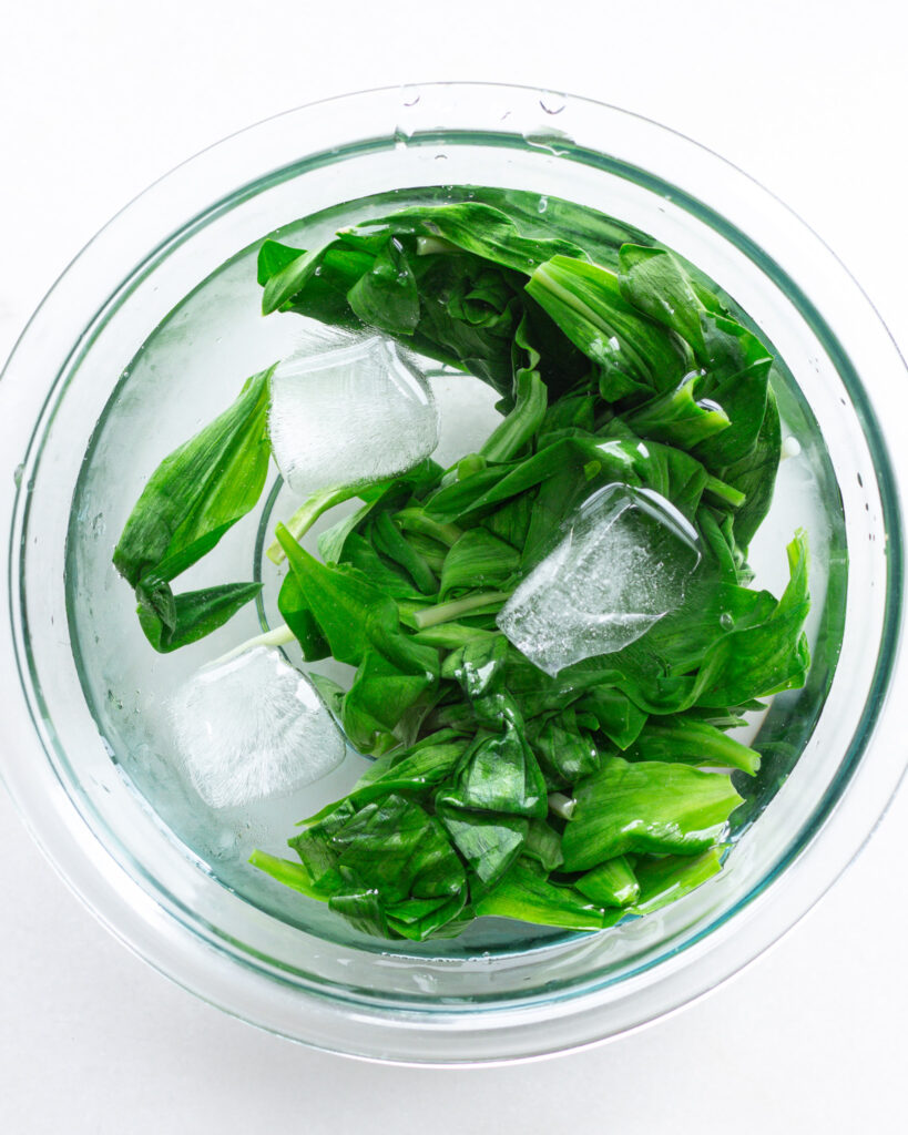 blanched ramps in an ice bath