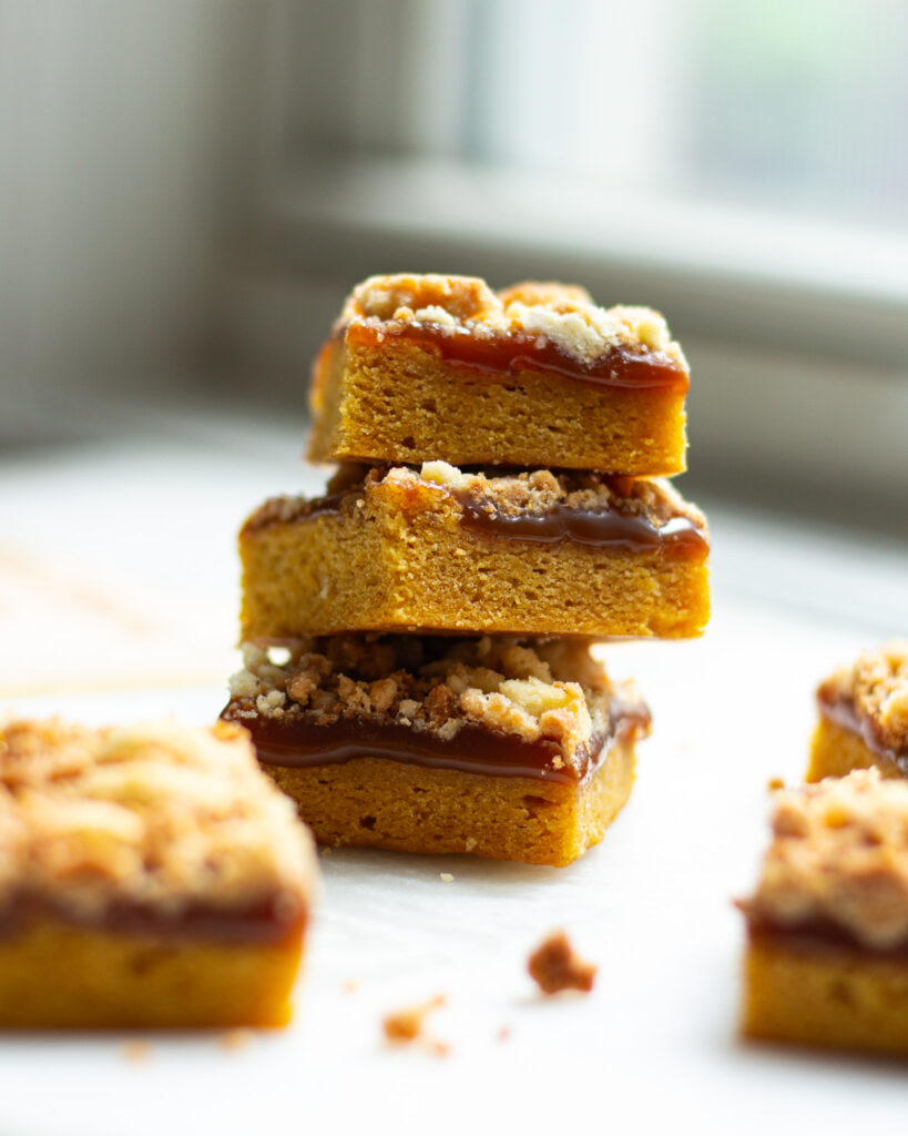 Pumpkin Bars with Chai Caramel and Cardamom Crumble by Justine Snacks