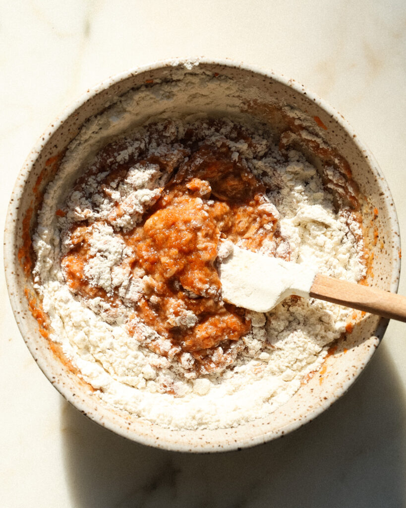 The batter for a two-serving vegan carrot muffin recipe