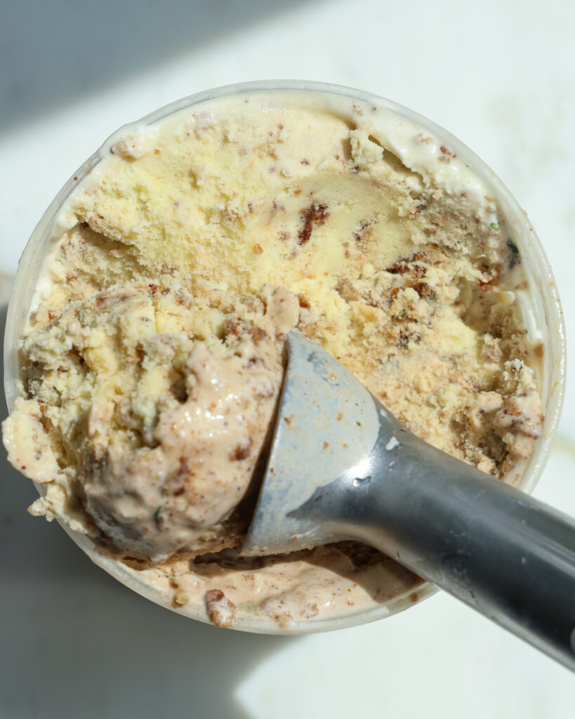 zucchini bread ice cream being scooped

