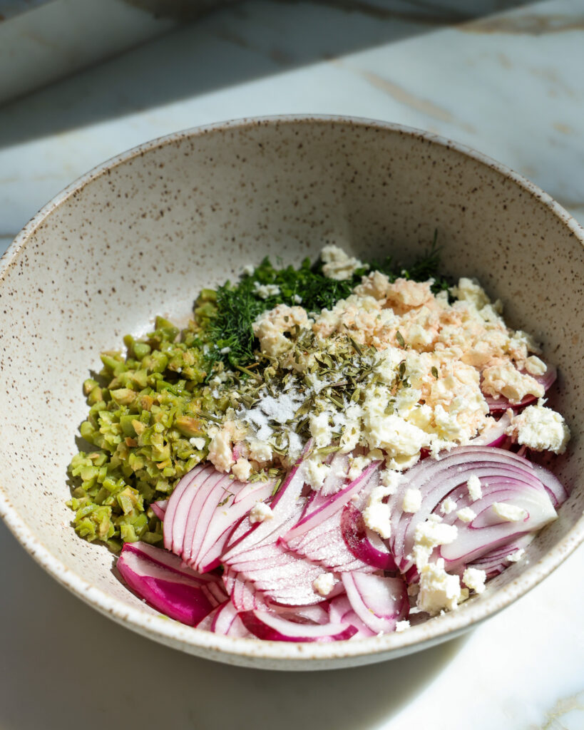 the ingredients for this dill and feta egg salad
