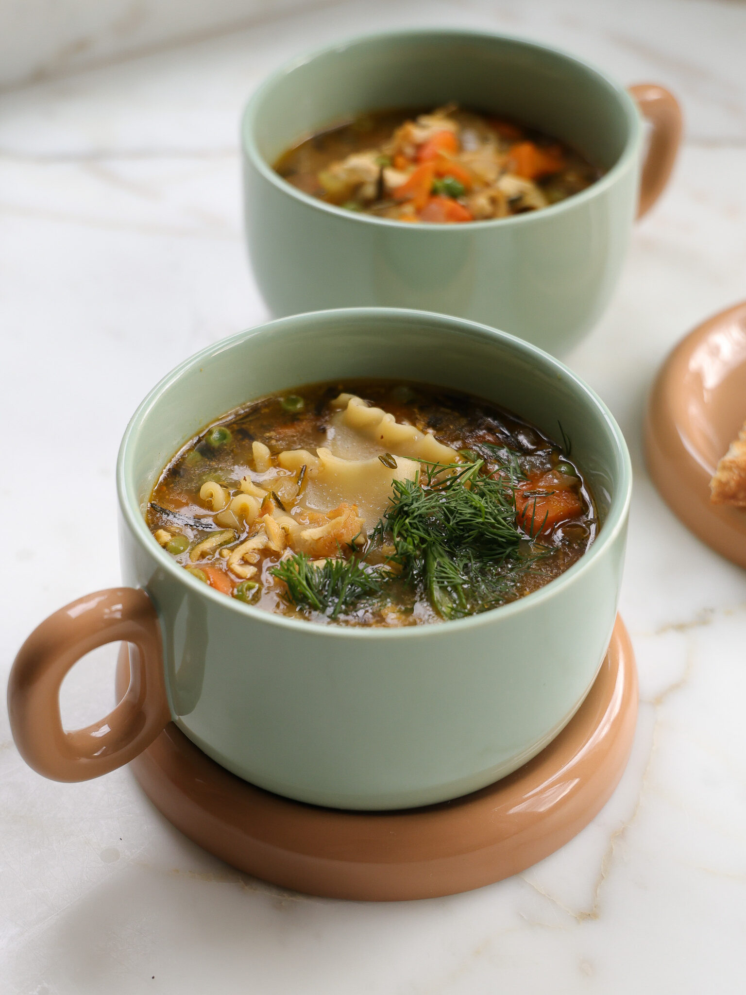 An image of the best vegetarian chicken noodle soup