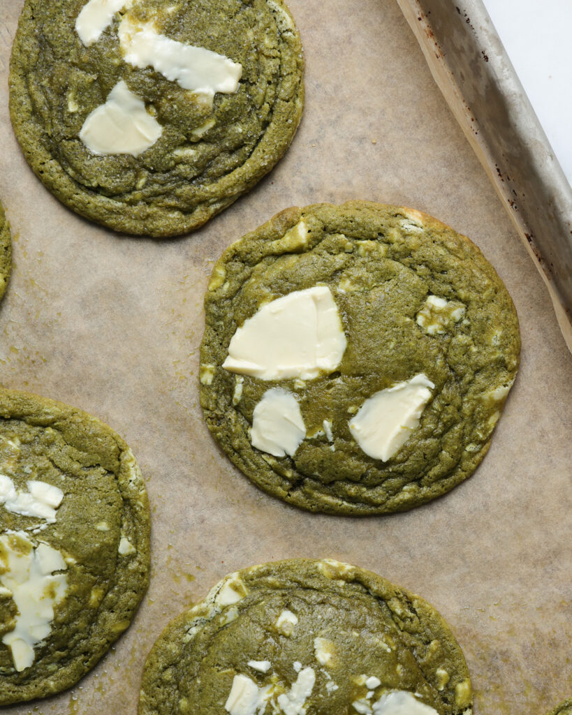 matcha cookies with big pieces of white chocolate