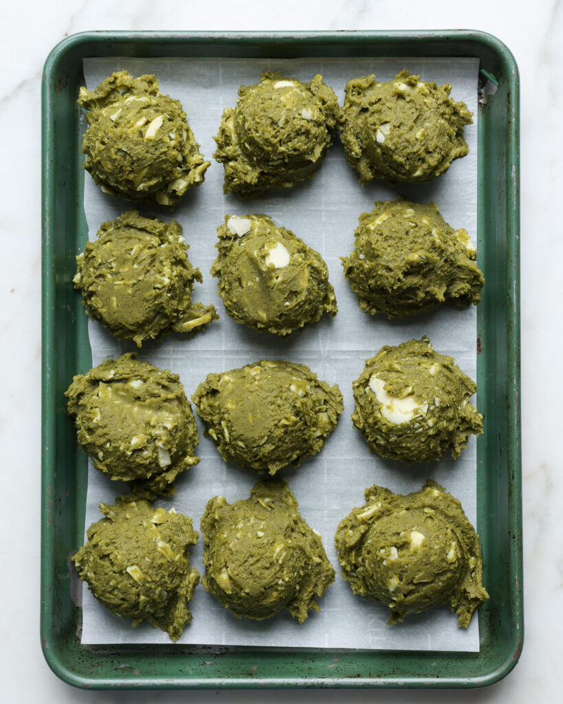 matcha cookie dough on a sheet pan 