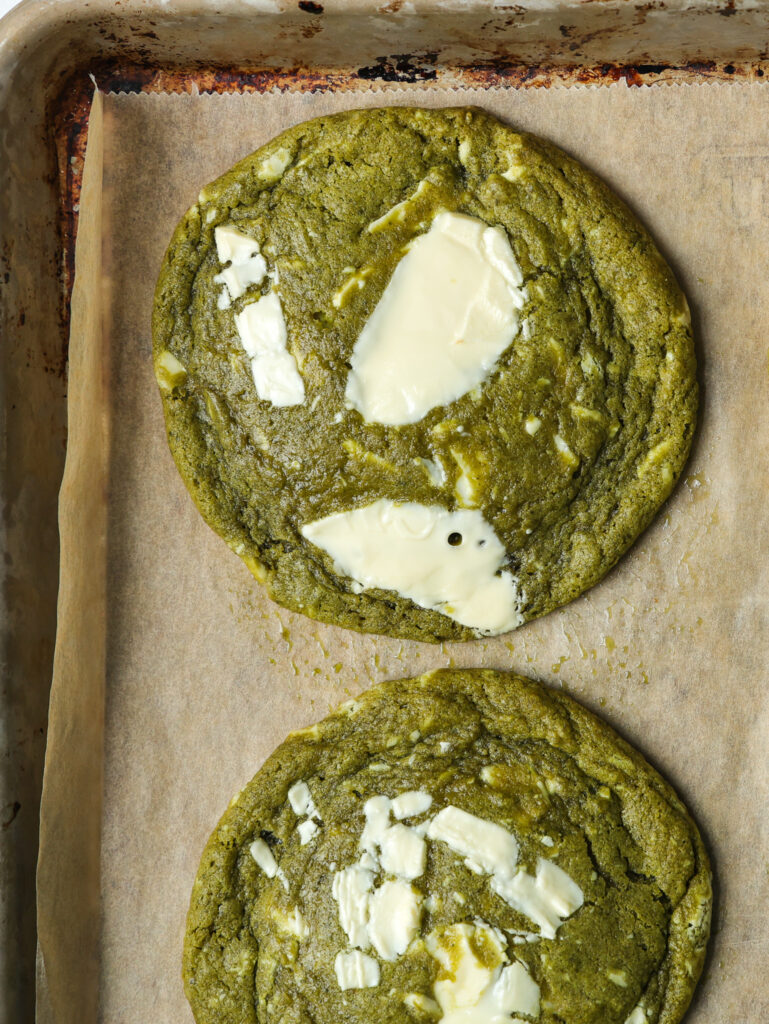 matcha cookies with blobs of white chocolate